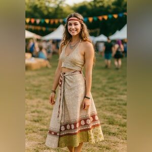 Festival Goddess Vibes Bohemian Boho Cream Silk Wrap Sari Indian A-Line Skirt S
